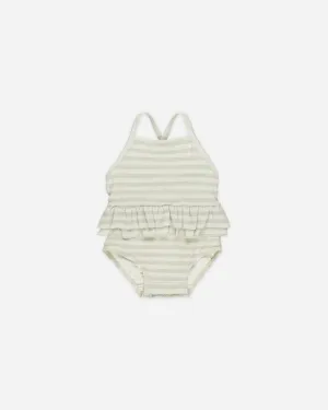 -Ruffled One-Piece Swimsuit || Mint Stripe-