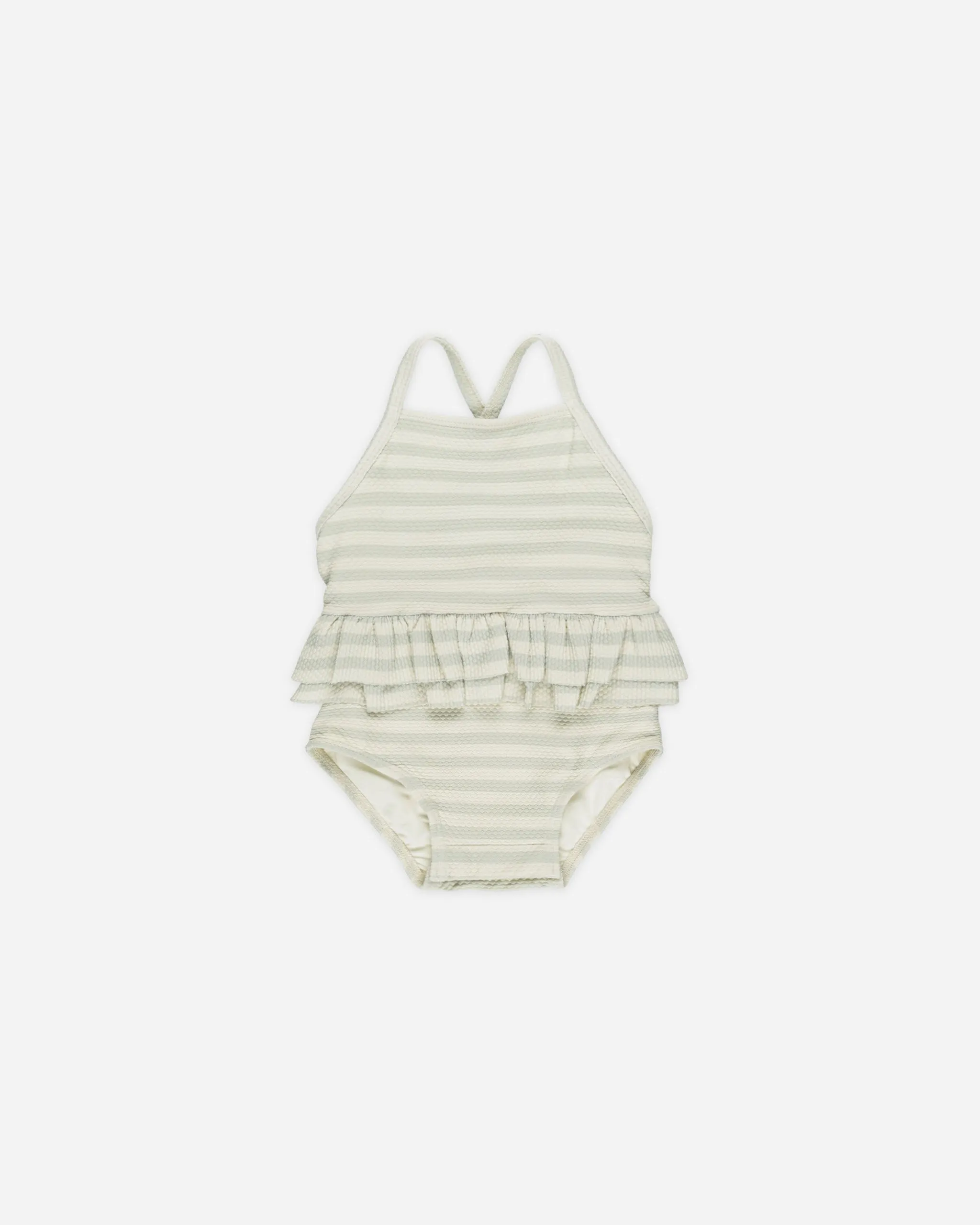 -Ruffled One-Piece Swimsuit || Mint Stripe-