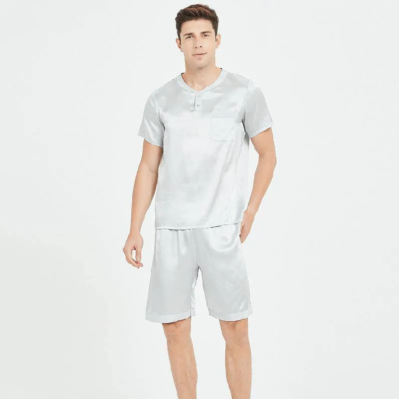 100% Mulberry Mens Short Silk Pajama Set Summer Silk Nightwear