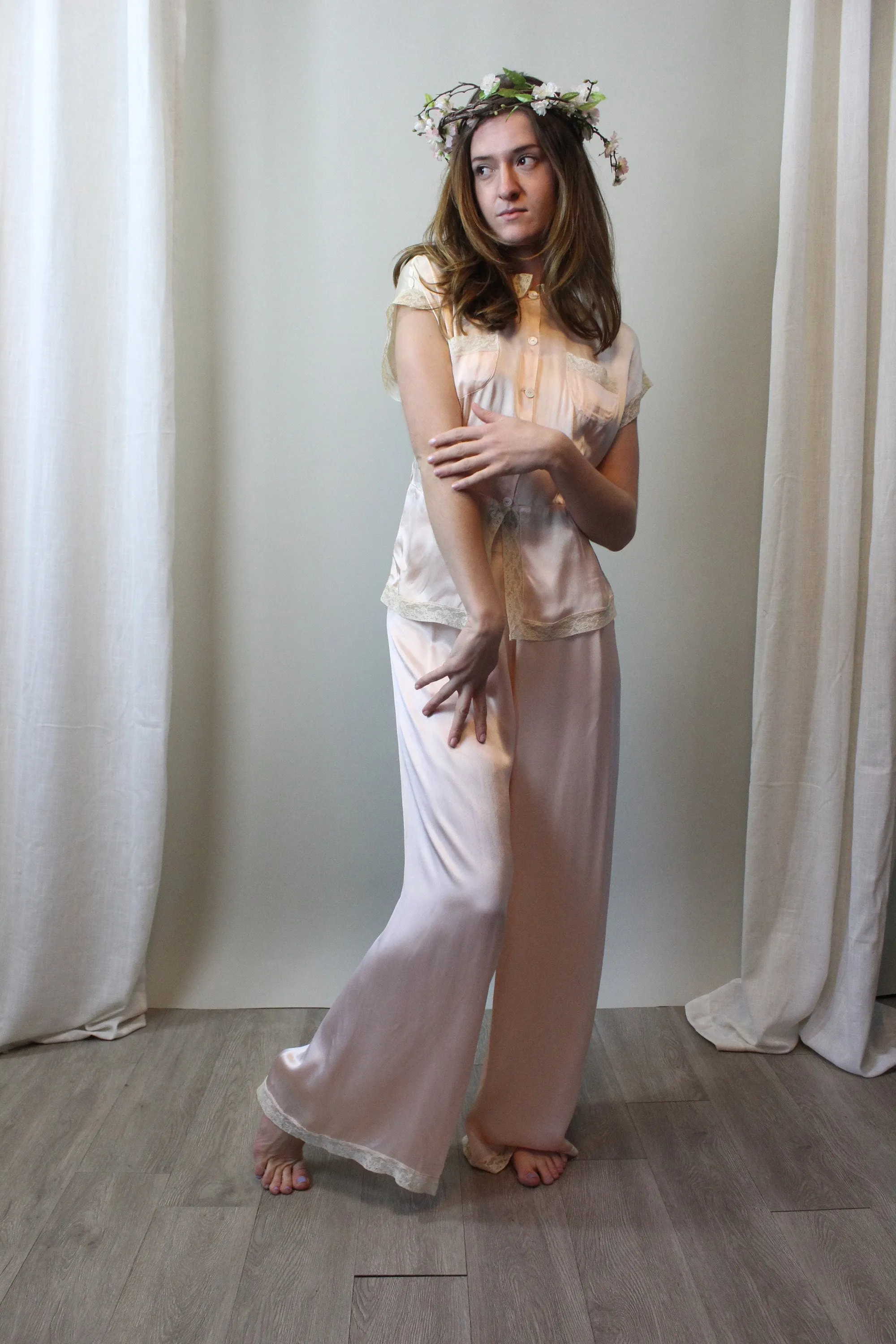 1930s LIQUID SATIN wide leg pajamas PANTS top medium | new spring