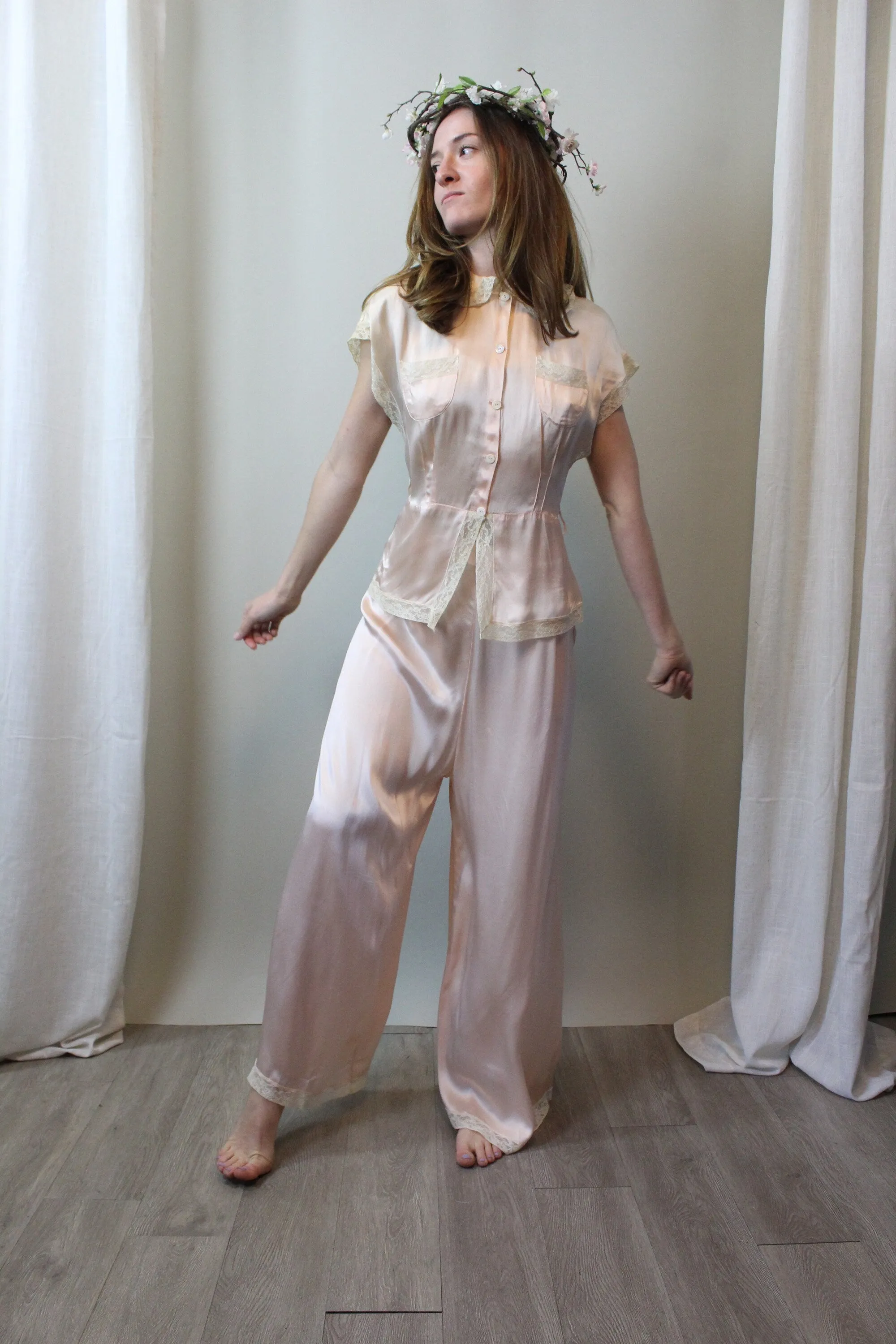 1930s LIQUID SATIN wide leg pajamas PANTS top medium | new spring