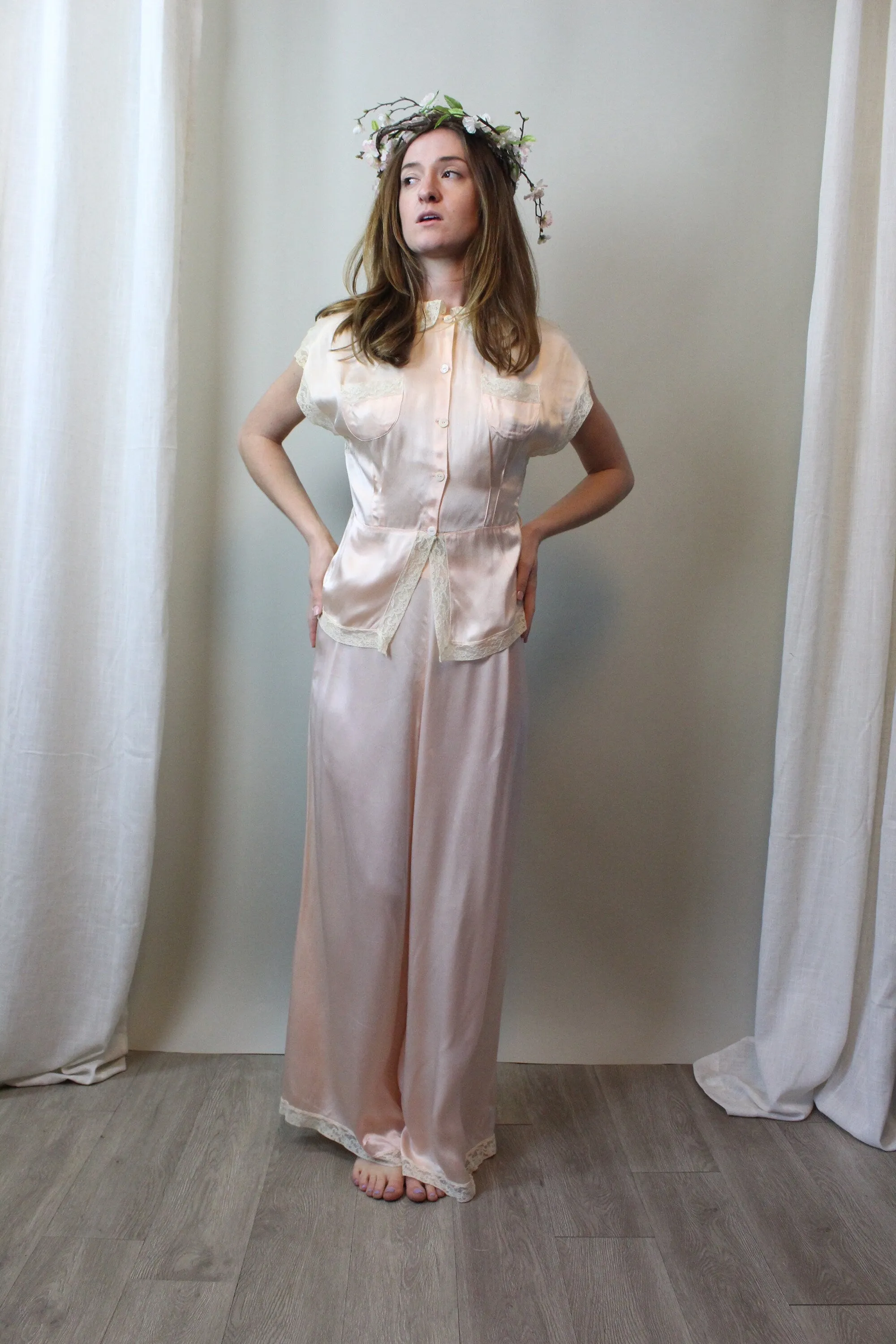 1930s LIQUID SATIN wide leg pajamas PANTS top medium | new spring