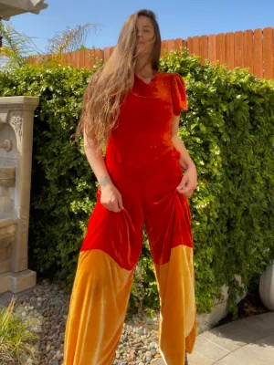 1930s Silk Velvet Color Block Wide Leg Jumpsuit