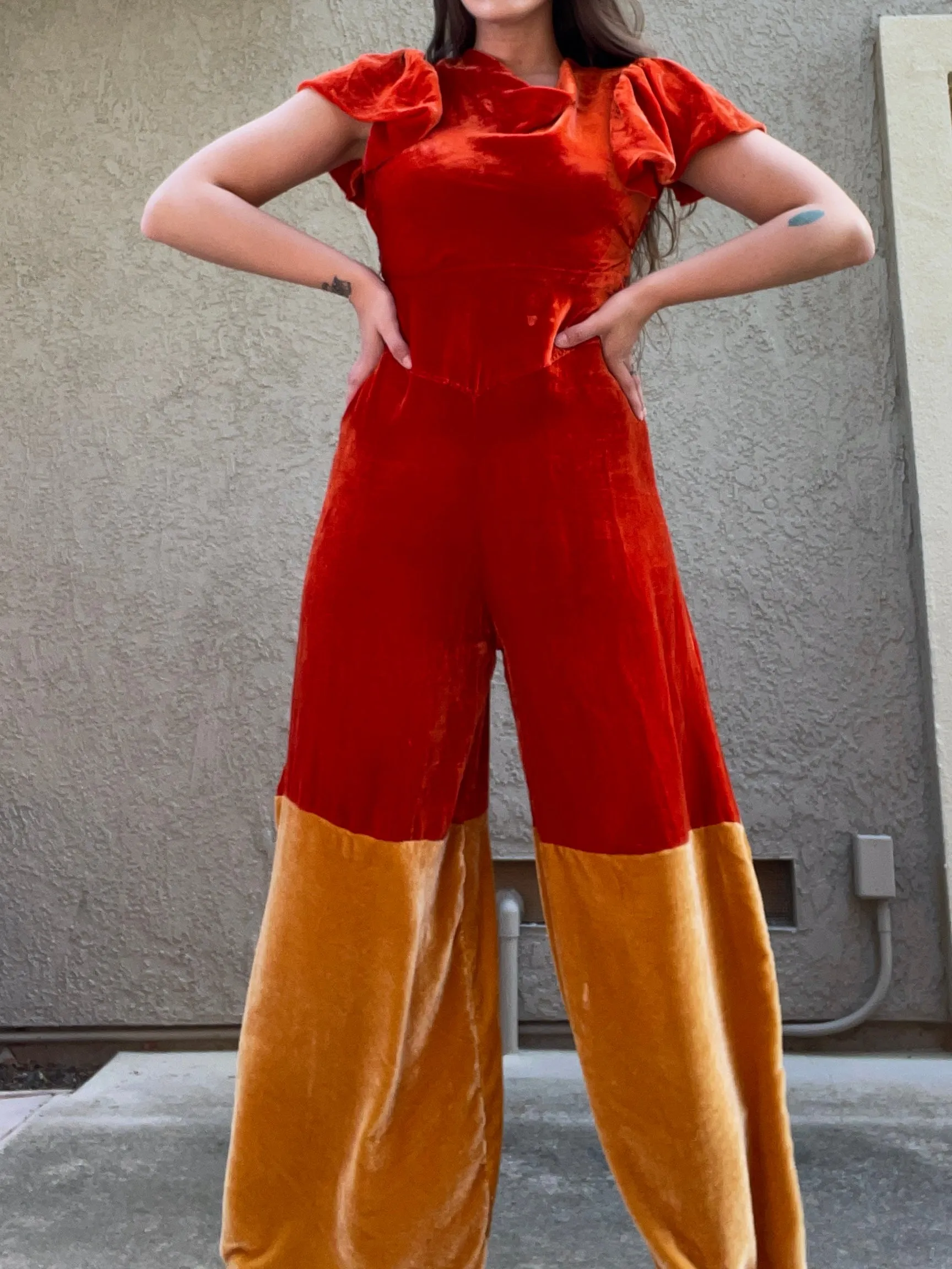 1930s Silk Velvet Color Block Wide Leg Jumpsuit