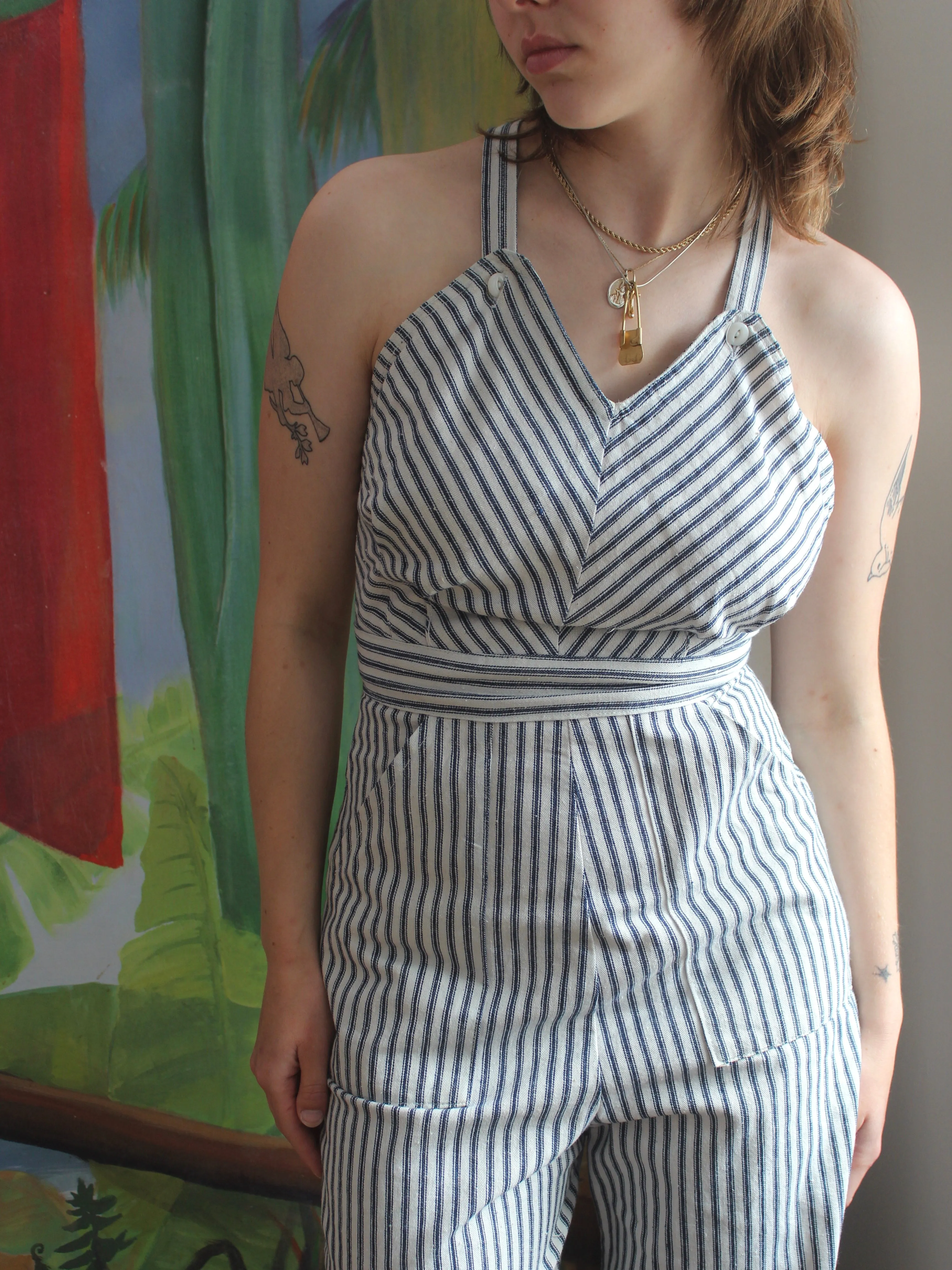 1930s Ticking Stripe Cotton Twill Sweetheart Ladies Overalls