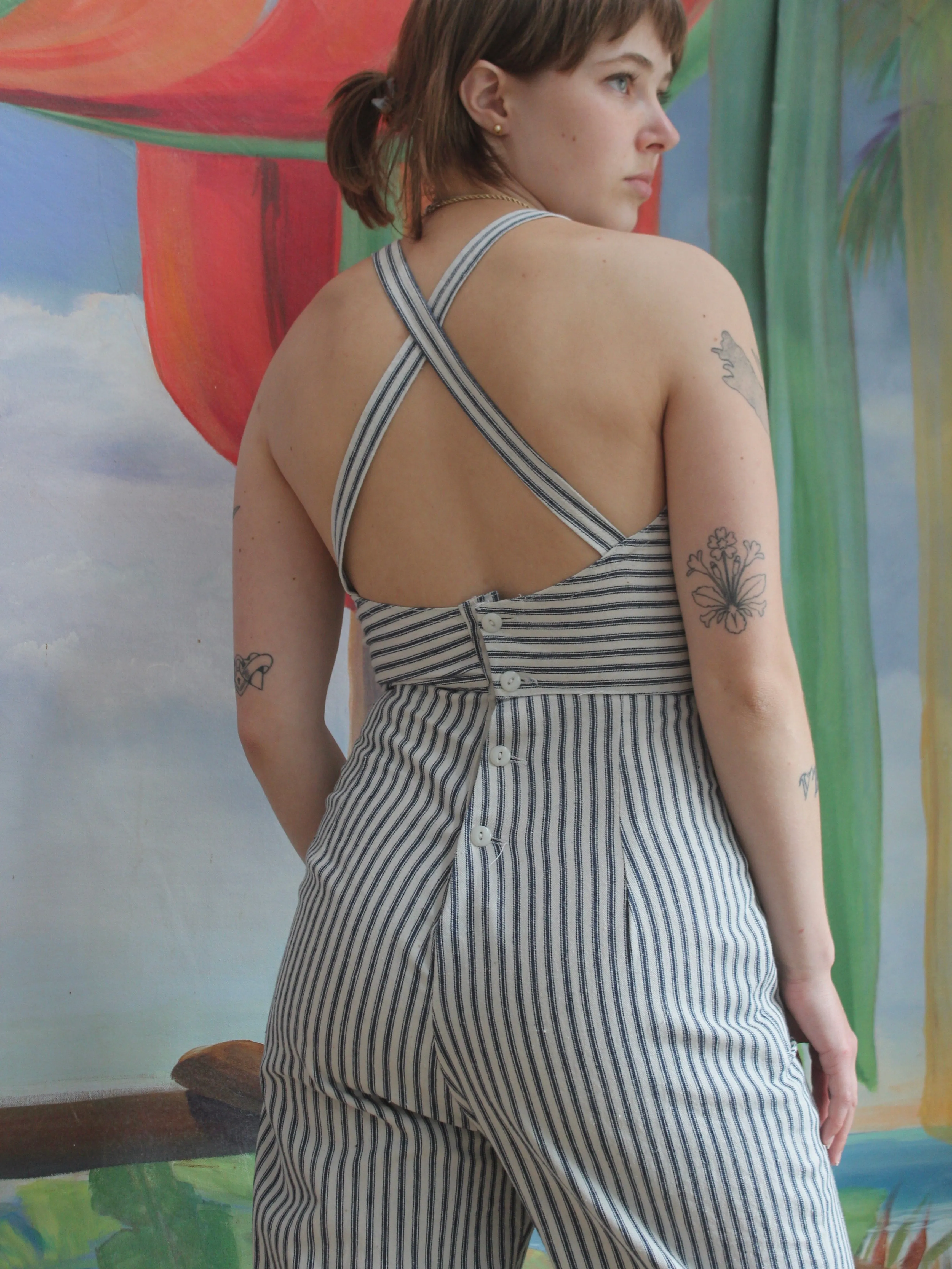 1930s Ticking Stripe Cotton Twill Sweetheart Ladies Overalls