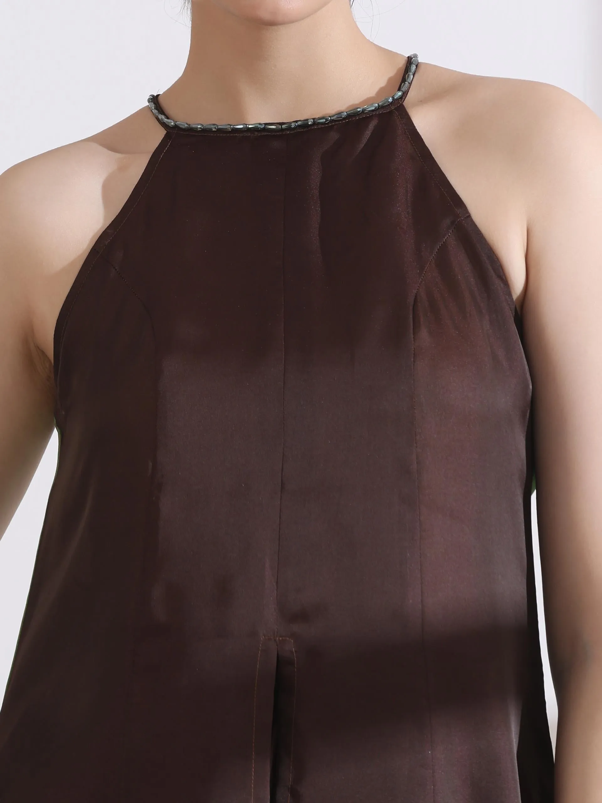 2 Pc Set - Chocolate Green Chiffon Satin Kurta With Beads And Palazzo Pants