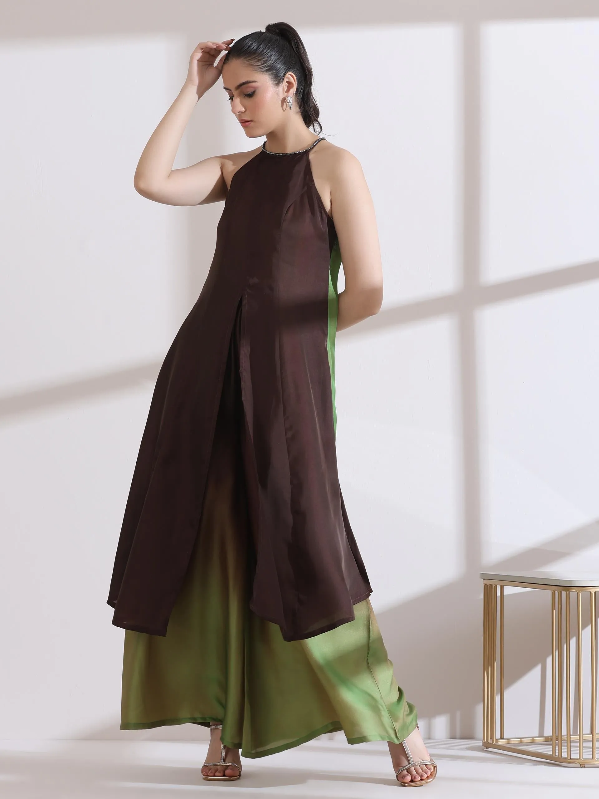 2 Pc Set - Chocolate Green Chiffon Satin Kurta With Beads And Palazzo Pants