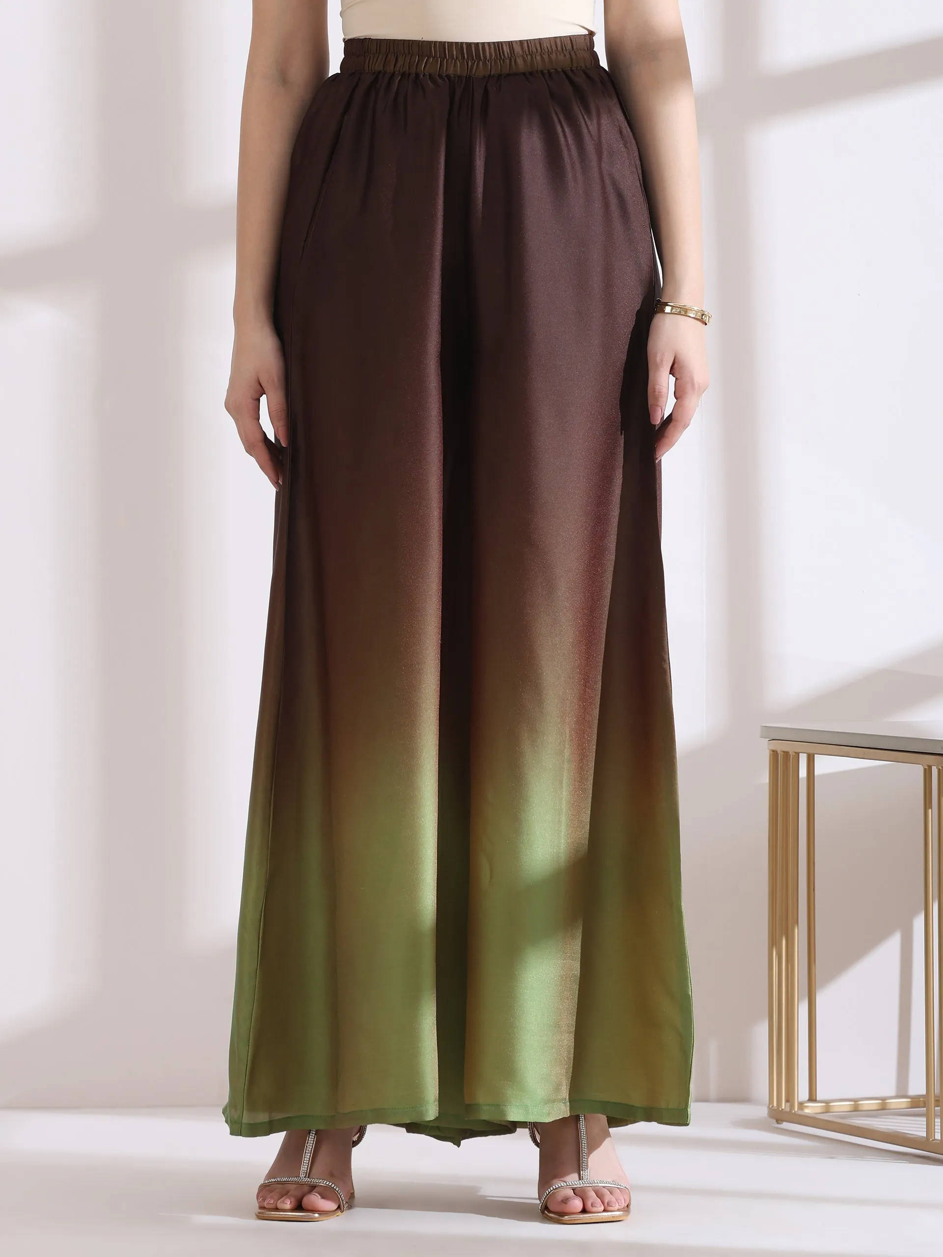 2 Pc Set - Chocolate Green Chiffon Satin Kurta With Beads And Palazzo Pants