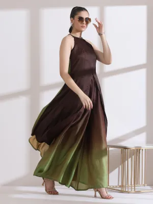 2 Pc Set - Chocolate Green Chiffon Satin Kurta With Beads And Palazzo Pants