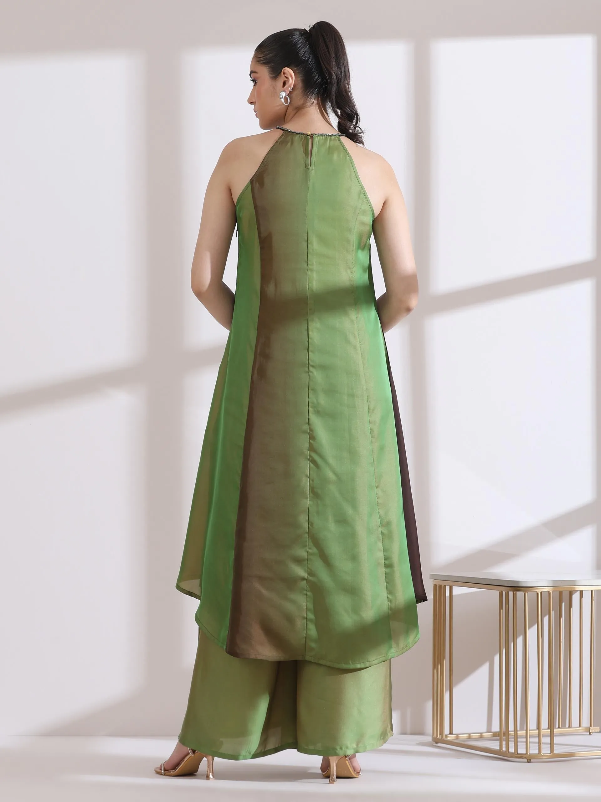 2 Pc Set - Chocolate Green Chiffon Satin Kurta With Beads And Palazzo Pants