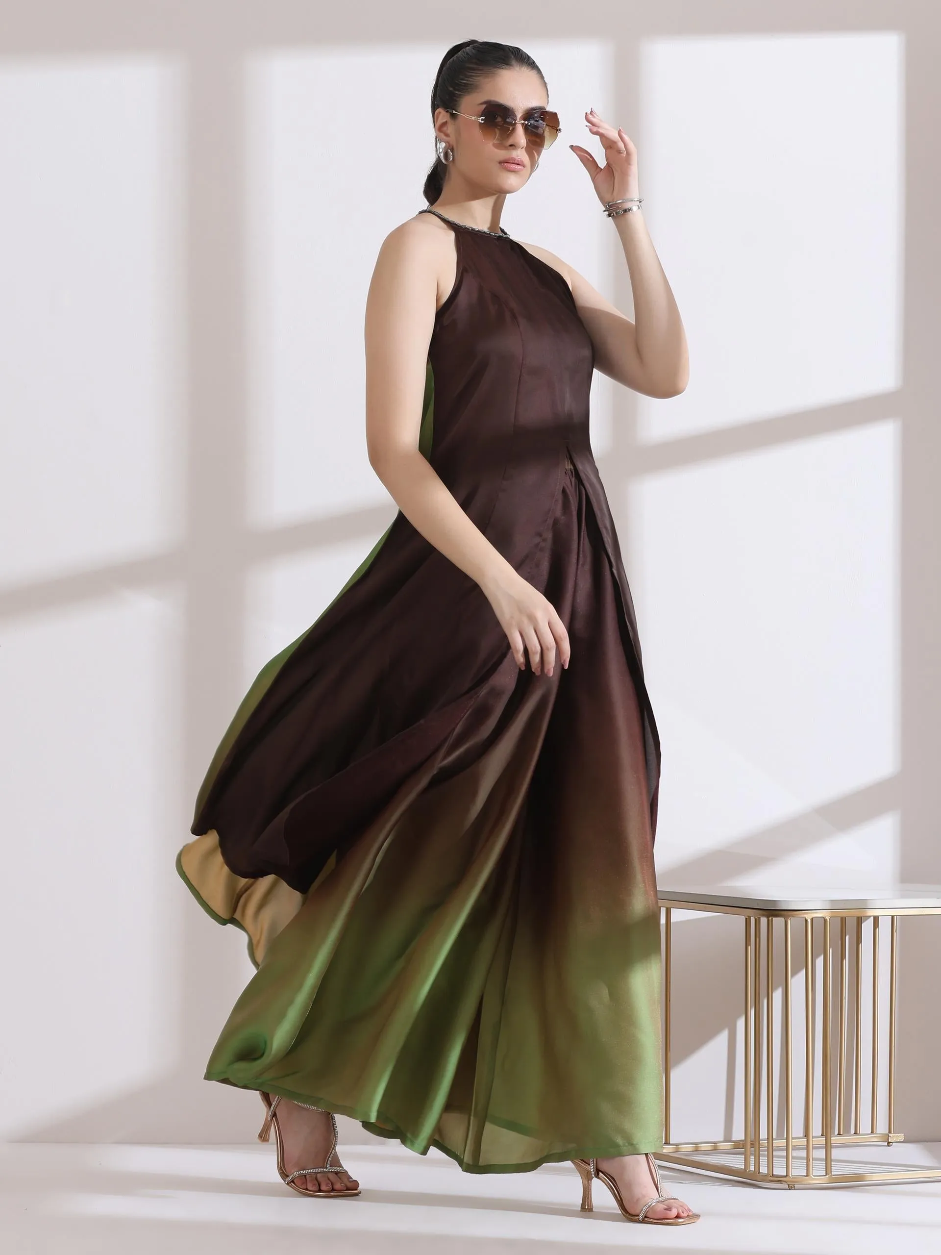 2 Pc Set - Chocolate Green Chiffon Satin Kurta With Beads And Palazzo Pants