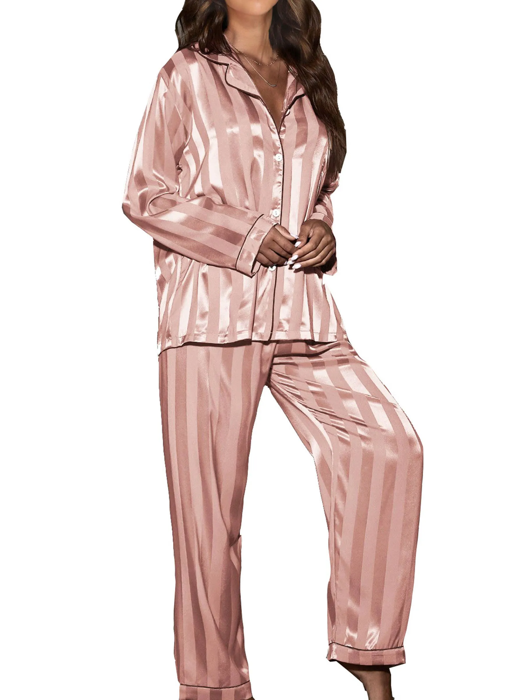 2 Piece Button Front Sleepwear Pants Set Loungewear: M / Pink