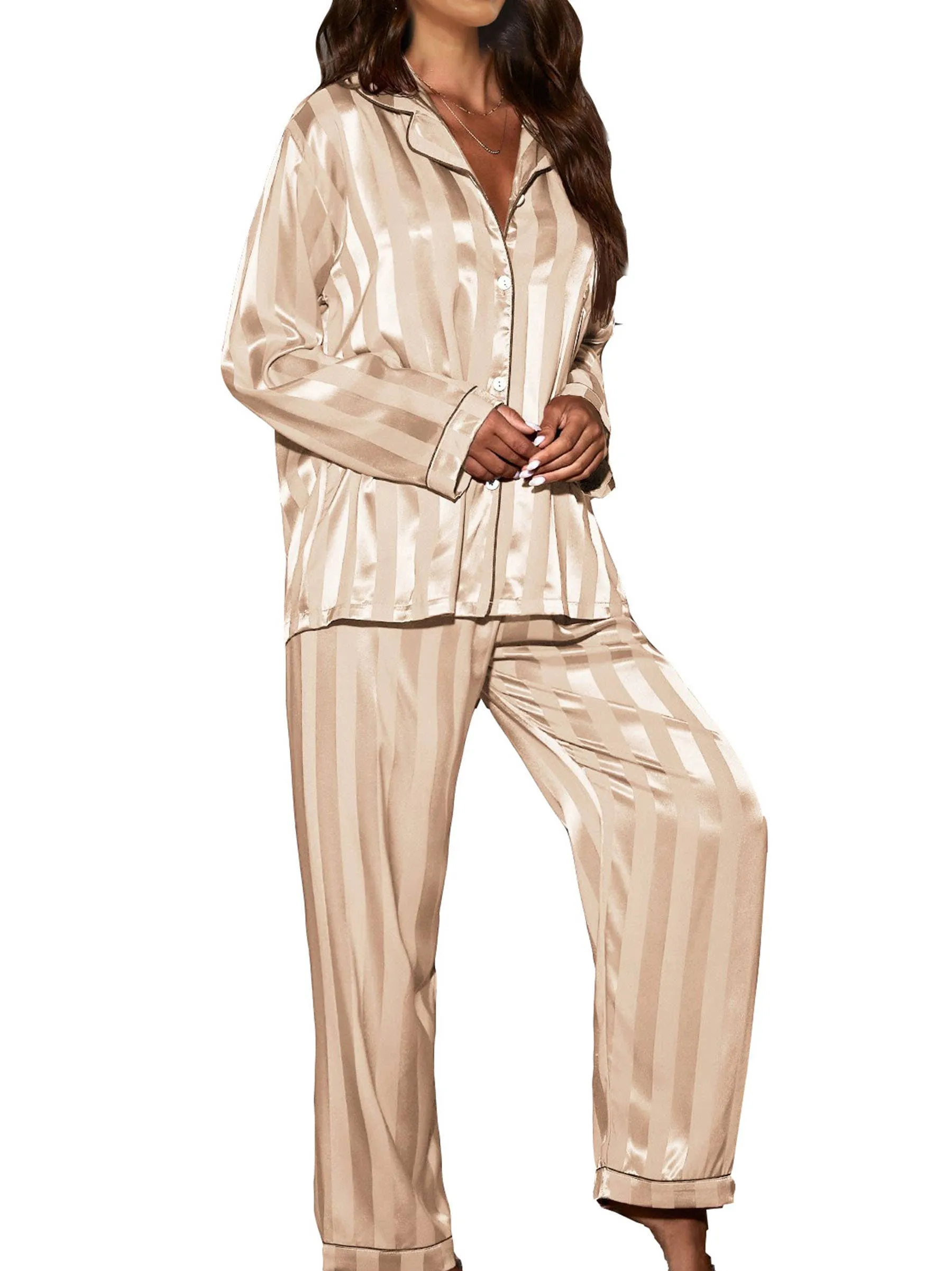 2 Piece Button Front Sleepwear Pants Set Loungewear: M / Pink