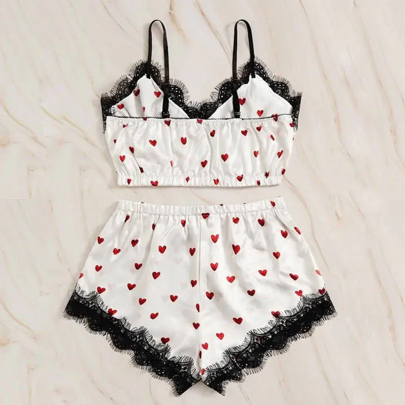 20 Pieces) Wholesale Sexy Women V-Neck Heart Print Lace Satin Sleepwear Set