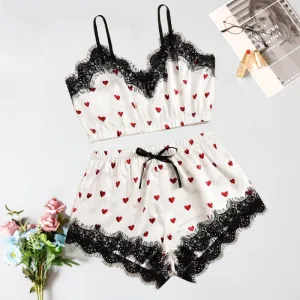 20 Pieces) Wholesale Sexy Women V-Neck Heart Print Lace Satin Sleepwear Set