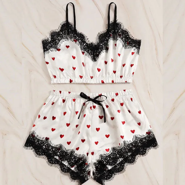 20 Pieces) Wholesale Sexy Women V-Neck Heart Print Lace Satin Sleepwear Set