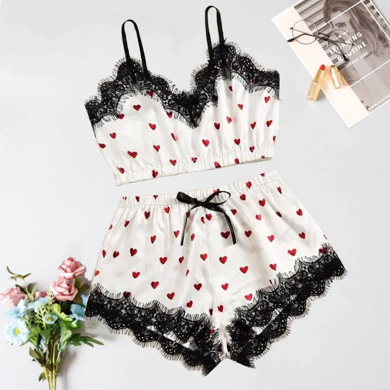 20 Pieces) Wholesale Sexy Women V-Neck Heart Print Lace Satin Sleepwear Set