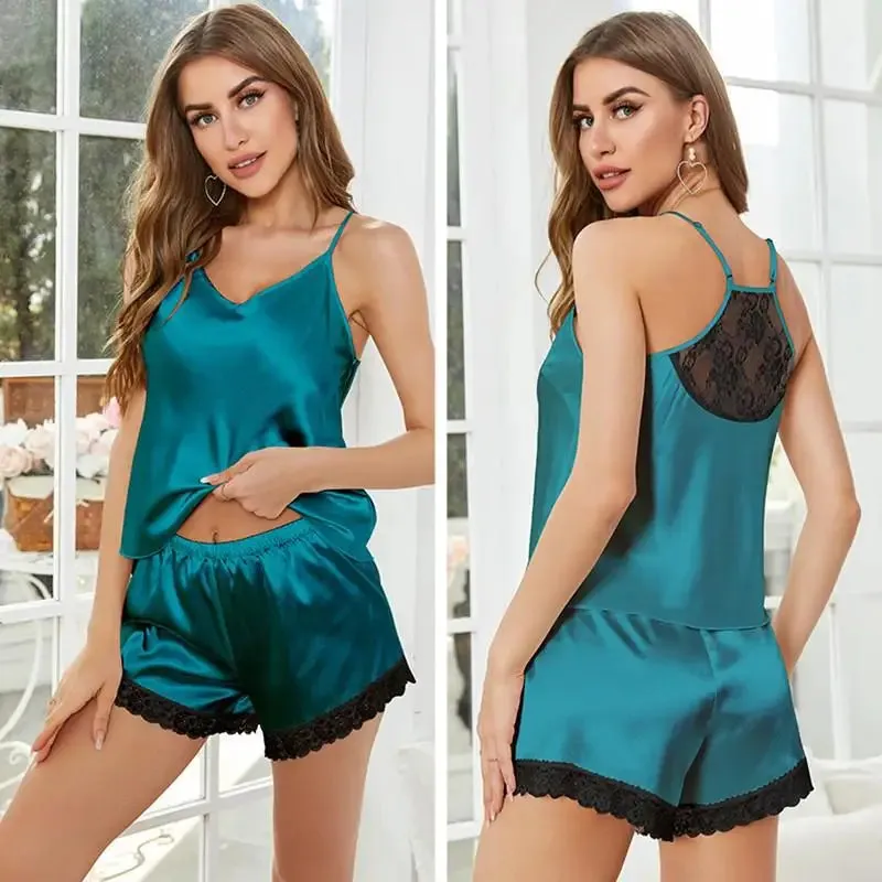 2Pcs Pajamas Sleep Set Home Clothes Women Sexy Lace Strap shorts Pajamas Suit Satin Sleepwear Nightwear Loungewear