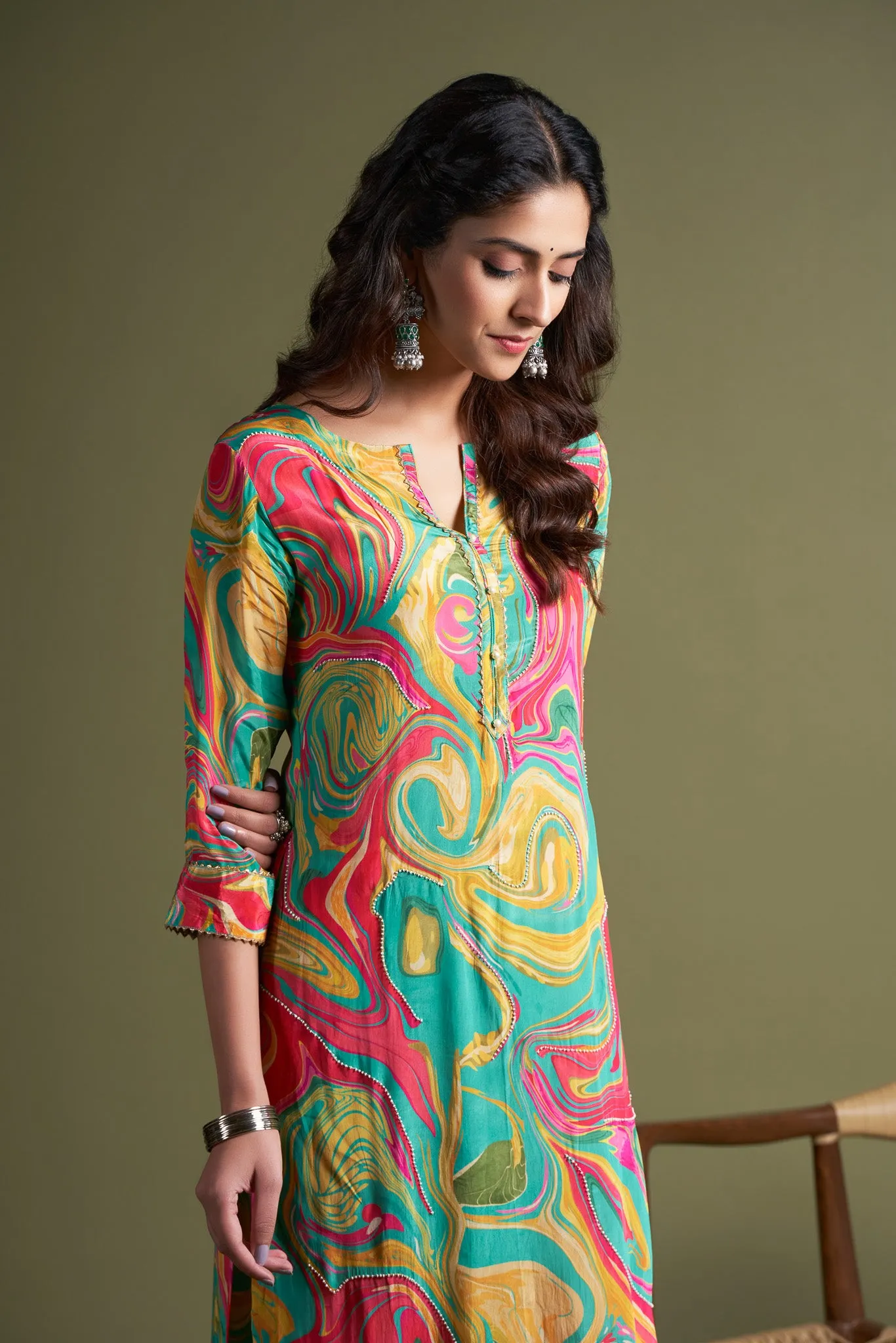 Abstract Printed Kurta Set with Cutdana work