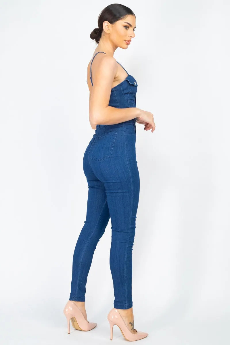 Adjustable Button-down Denim Jumpsuit