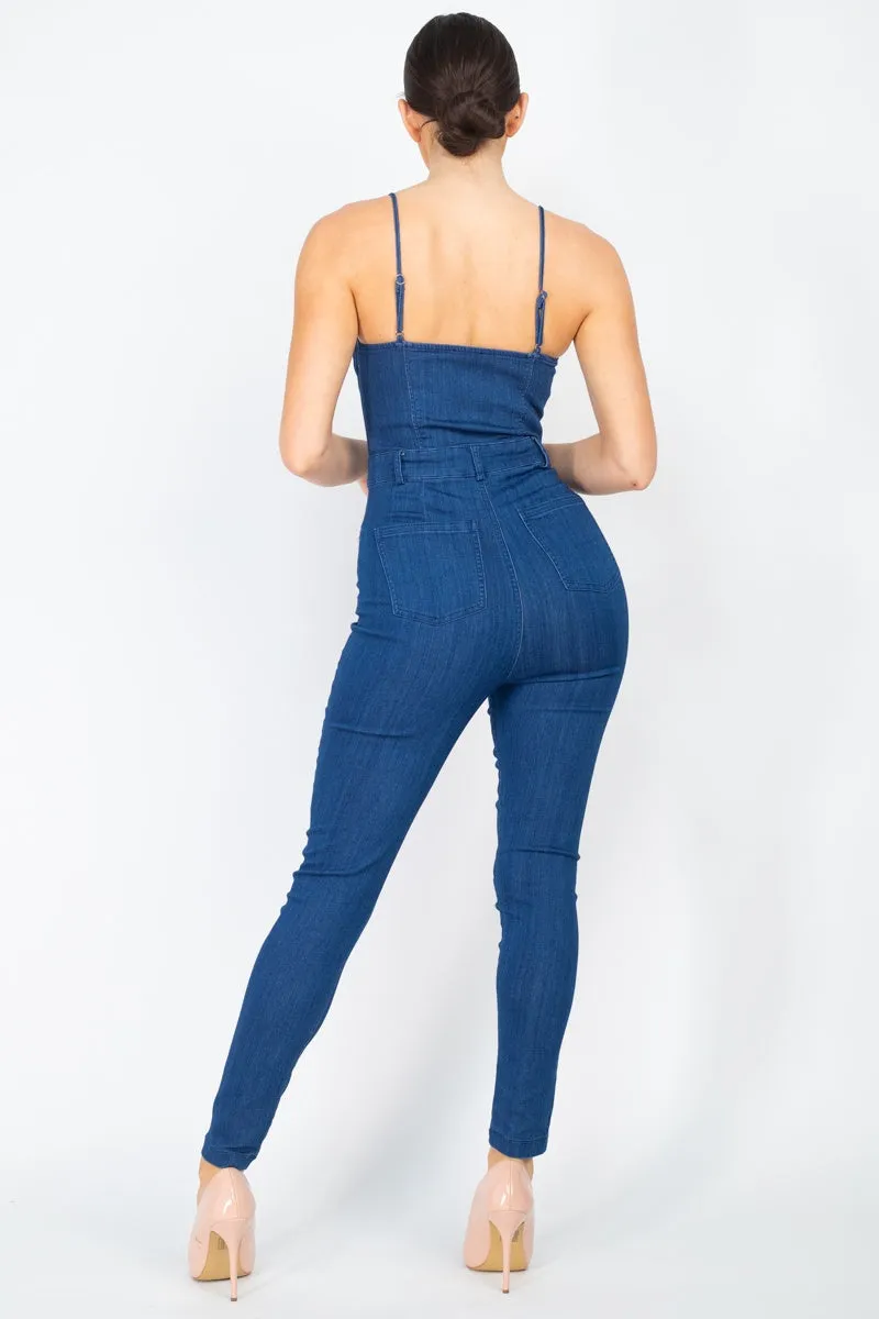 Adjustable Button-down Denim Jumpsuit
