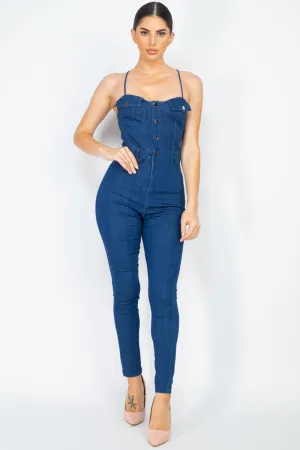 Adjustable Button-down Denim Jumpsuit