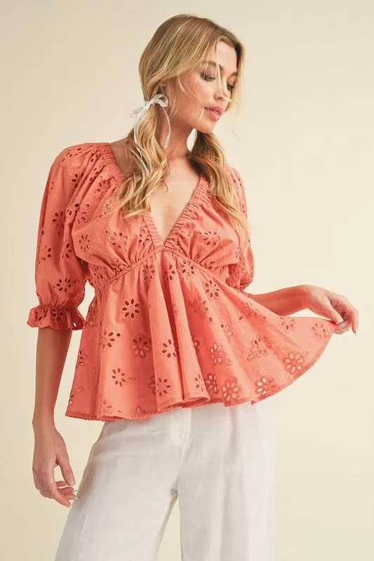Aemi   Co Eyelet Embroidered V-Neck Half Sleeve Peplum Blouse