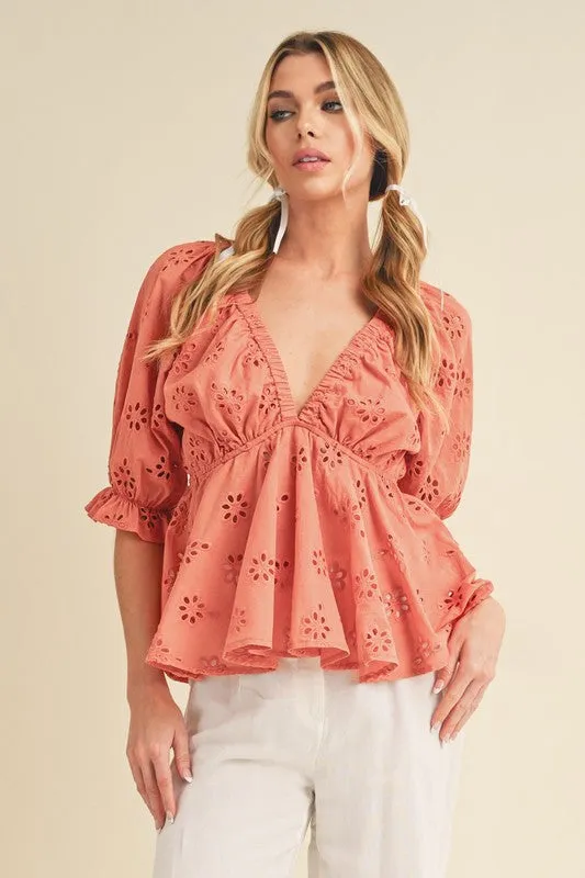 Aemi   Co Eyelet Embroidered V-Neck Half Sleeve Peplum Blouse