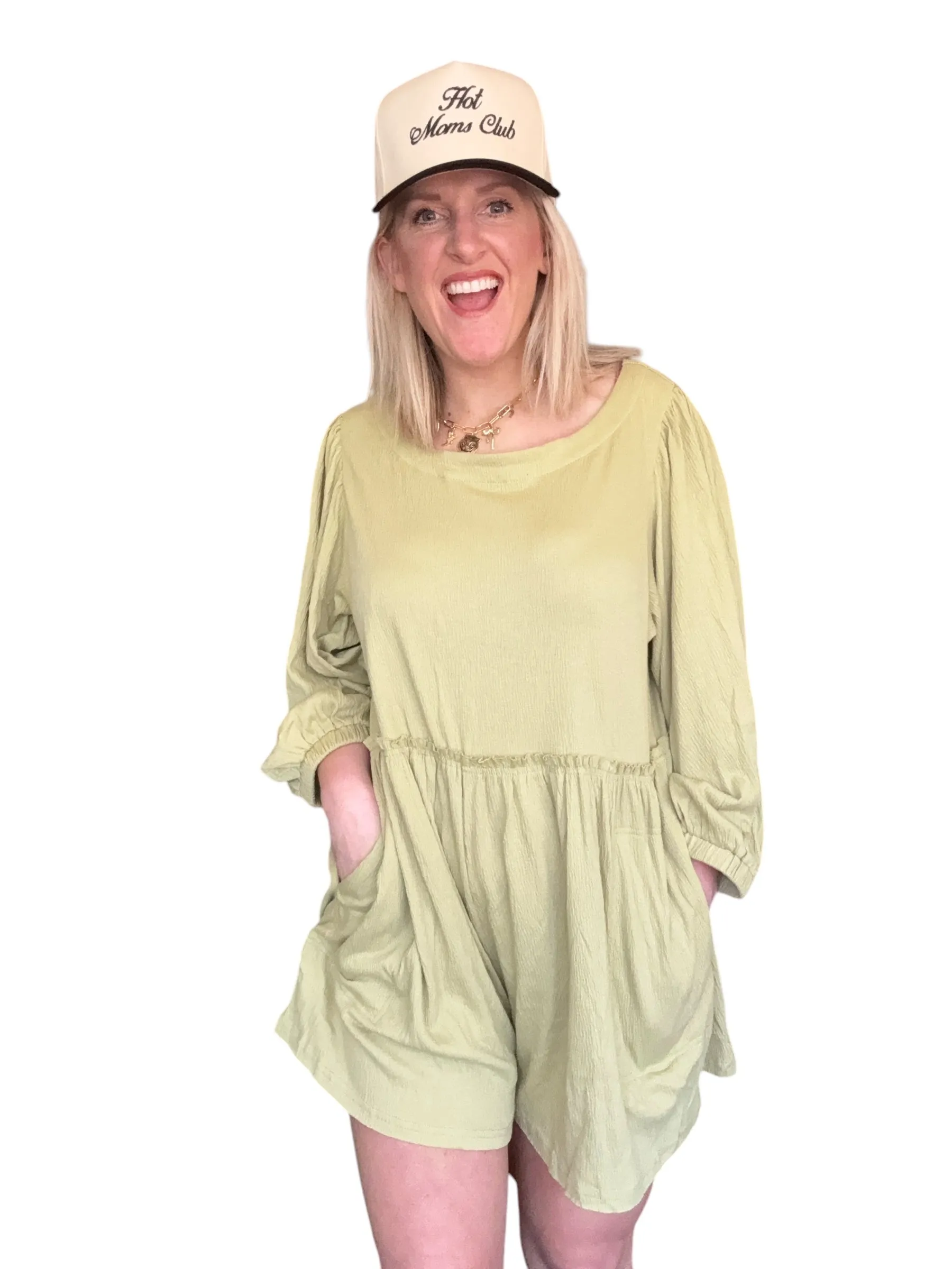 Aemi   Co Frill Round Neck Long Sleeve Romper with Pockets