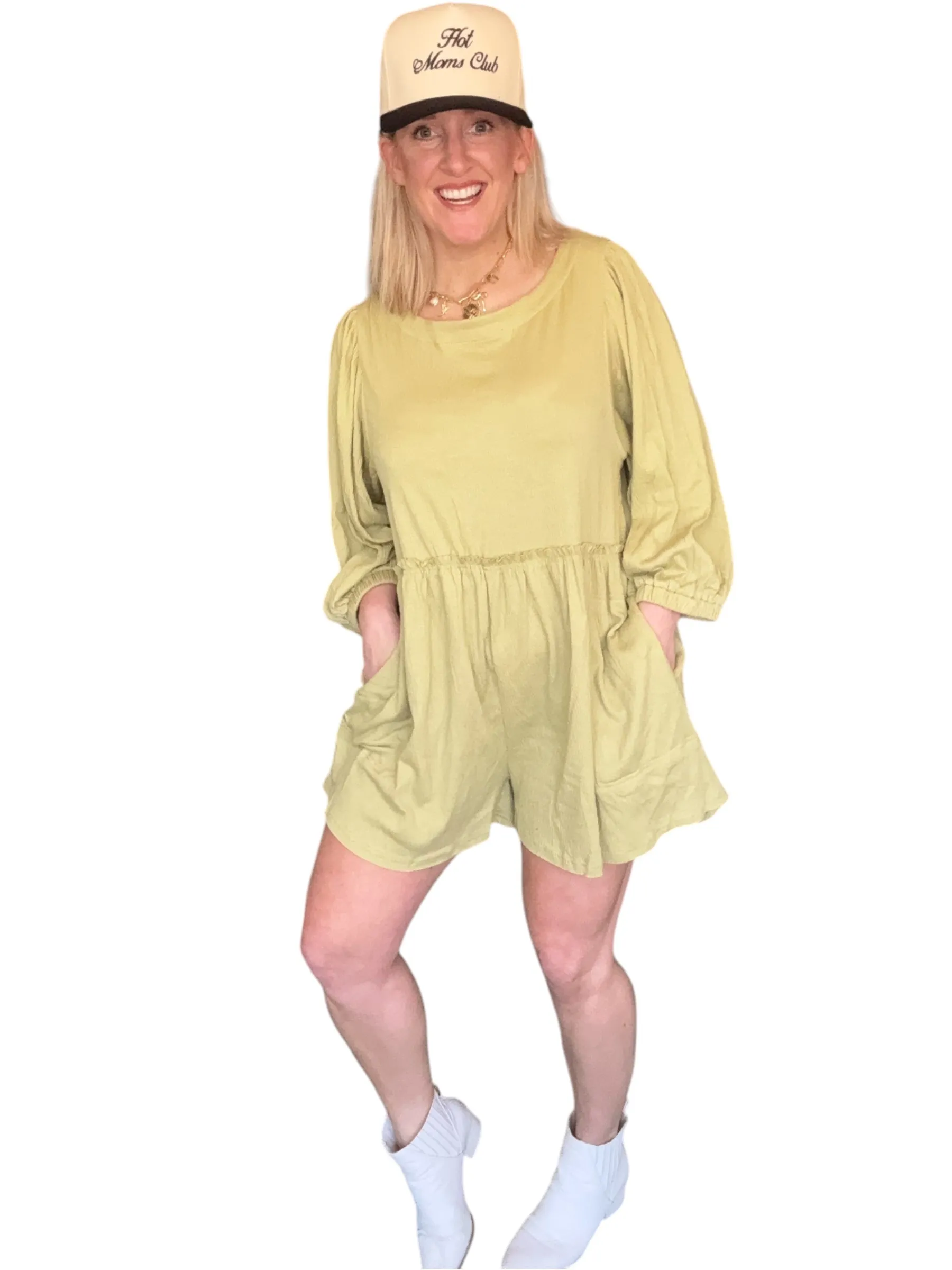 Aemi   Co Frill Round Neck Long Sleeve Romper with Pockets