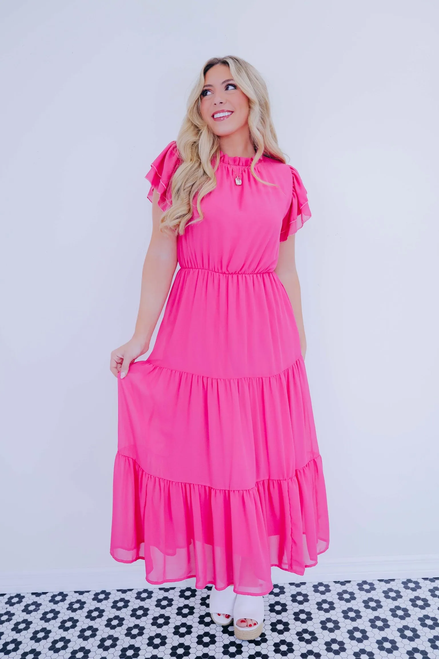 All The Frills Mock Neck  Maxi Dress - Pink