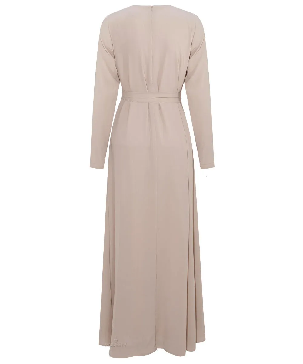 Almond Chiffon Classic A-Line Long Sleeve Maxi Abaya Dress