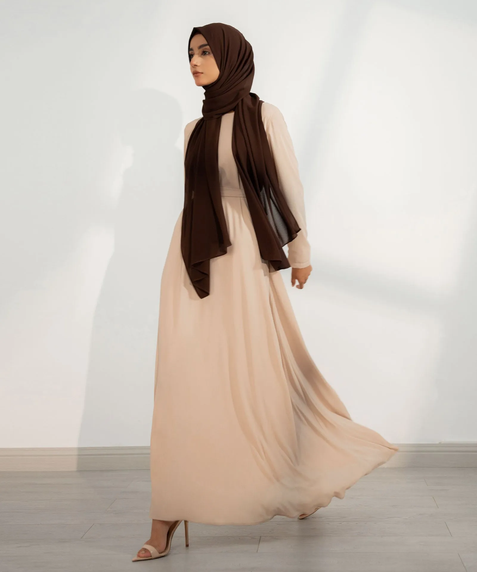 Almond Chiffon Classic A-Line Long Sleeve Maxi Abaya Dress