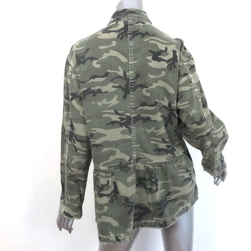 AMO Rosie Peplum Jacket Green Camo Print Denim Size Small