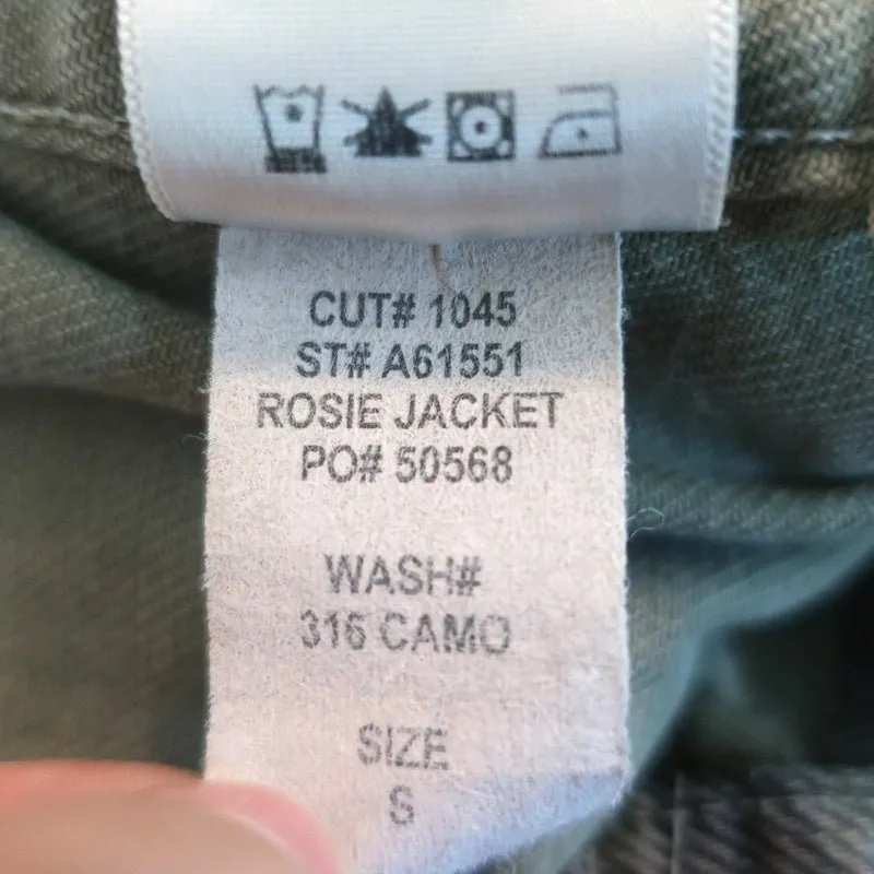 AMO Rosie Peplum Jacket Green Camo Print Denim Size Small
