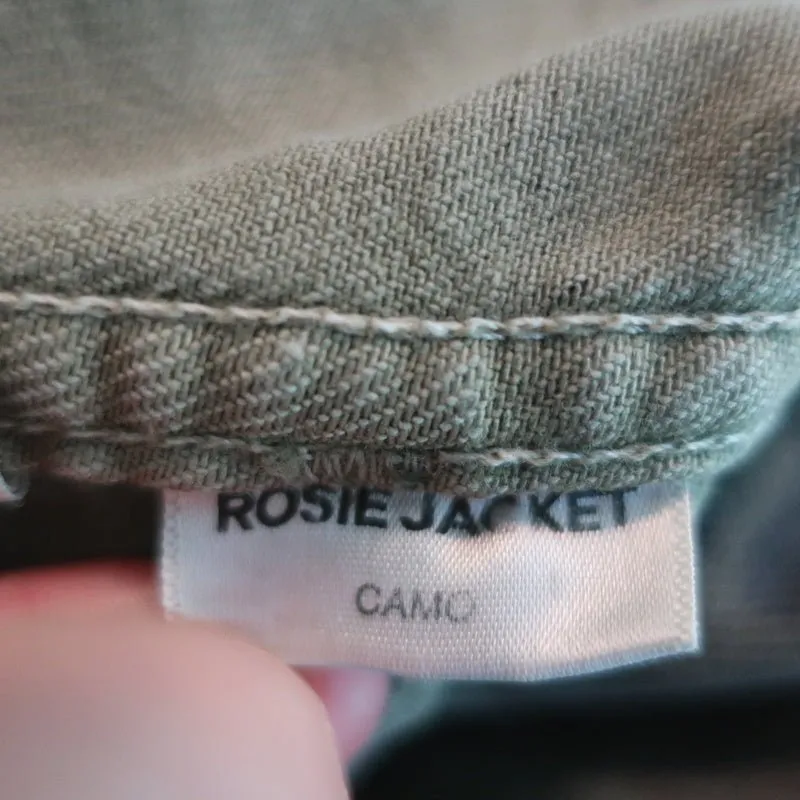 AMO Rosie Peplum Jacket Green Camo Print Denim Size Small