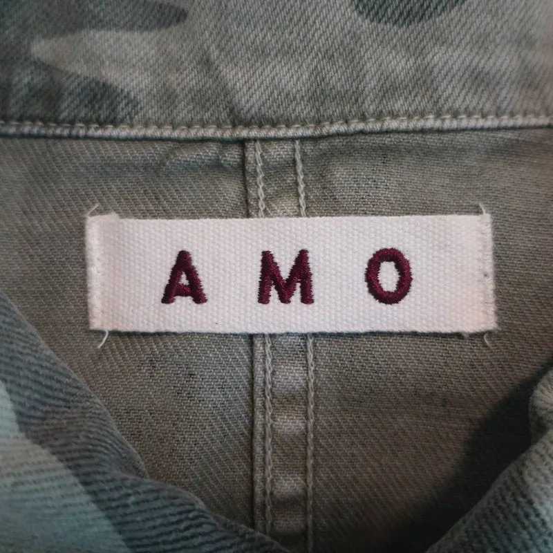 AMO Rosie Peplum Jacket Green Camo Print Denim Size Small