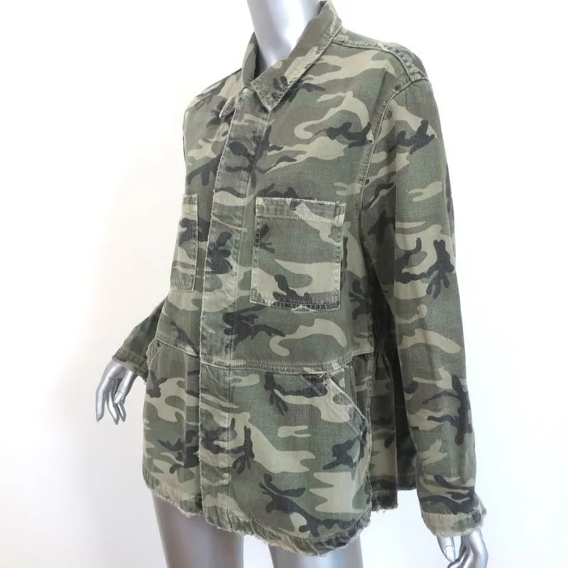 AMO Rosie Peplum Jacket Green Camo Print Denim Size Small