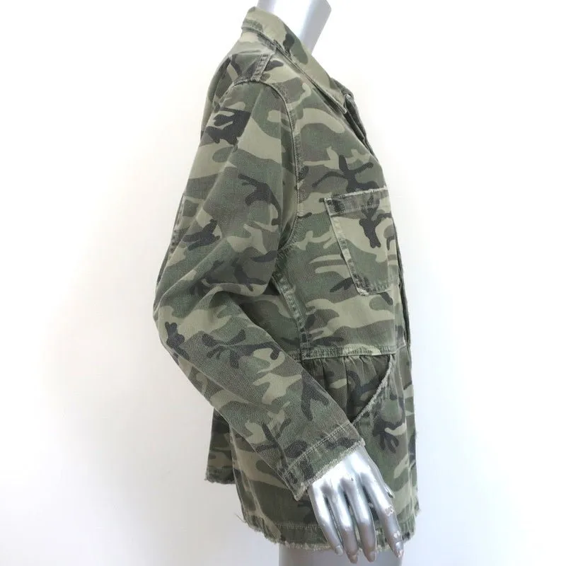 AMO Rosie Peplum Jacket Green Camo Print Denim Size Small