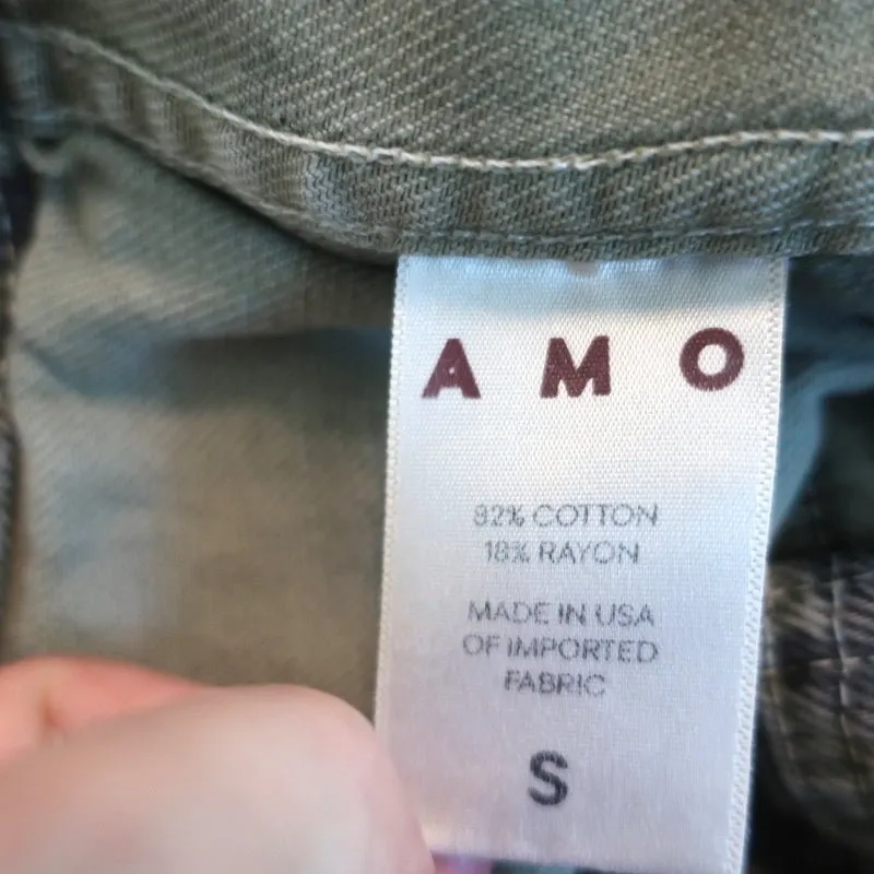 AMO Rosie Peplum Jacket Green Camo Print Denim Size Small