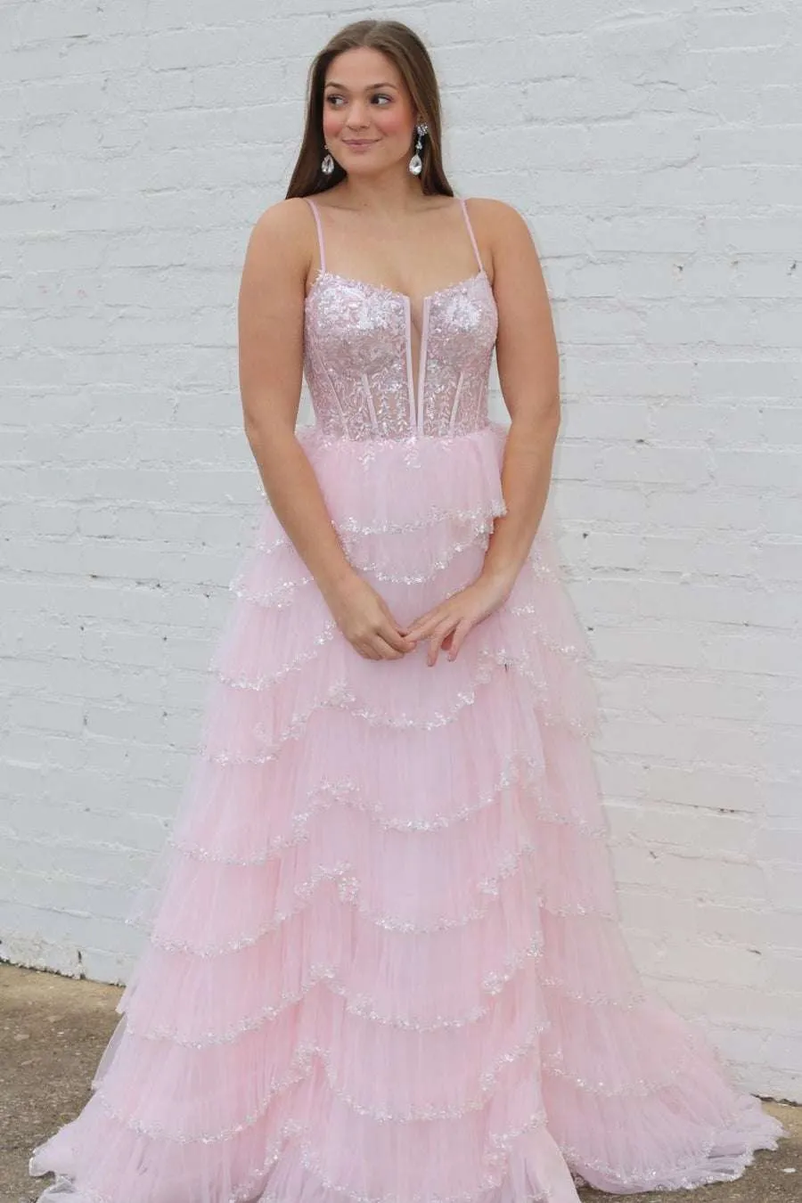 Angie | Straps Plunging Neck Pink Sequin Tiered Prom Gown