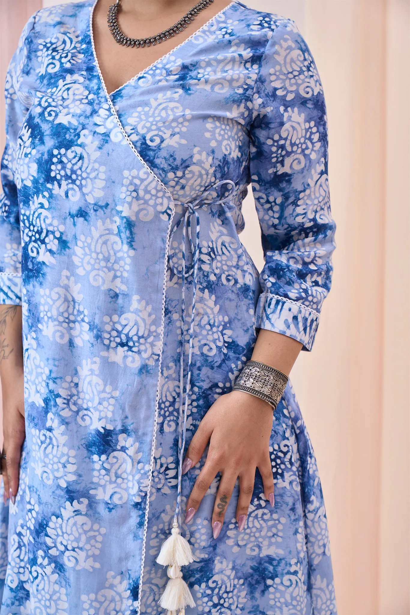 Angrakha Style Azure Blue Prizm Printed Viscose Muslin Kurti and Palazzo