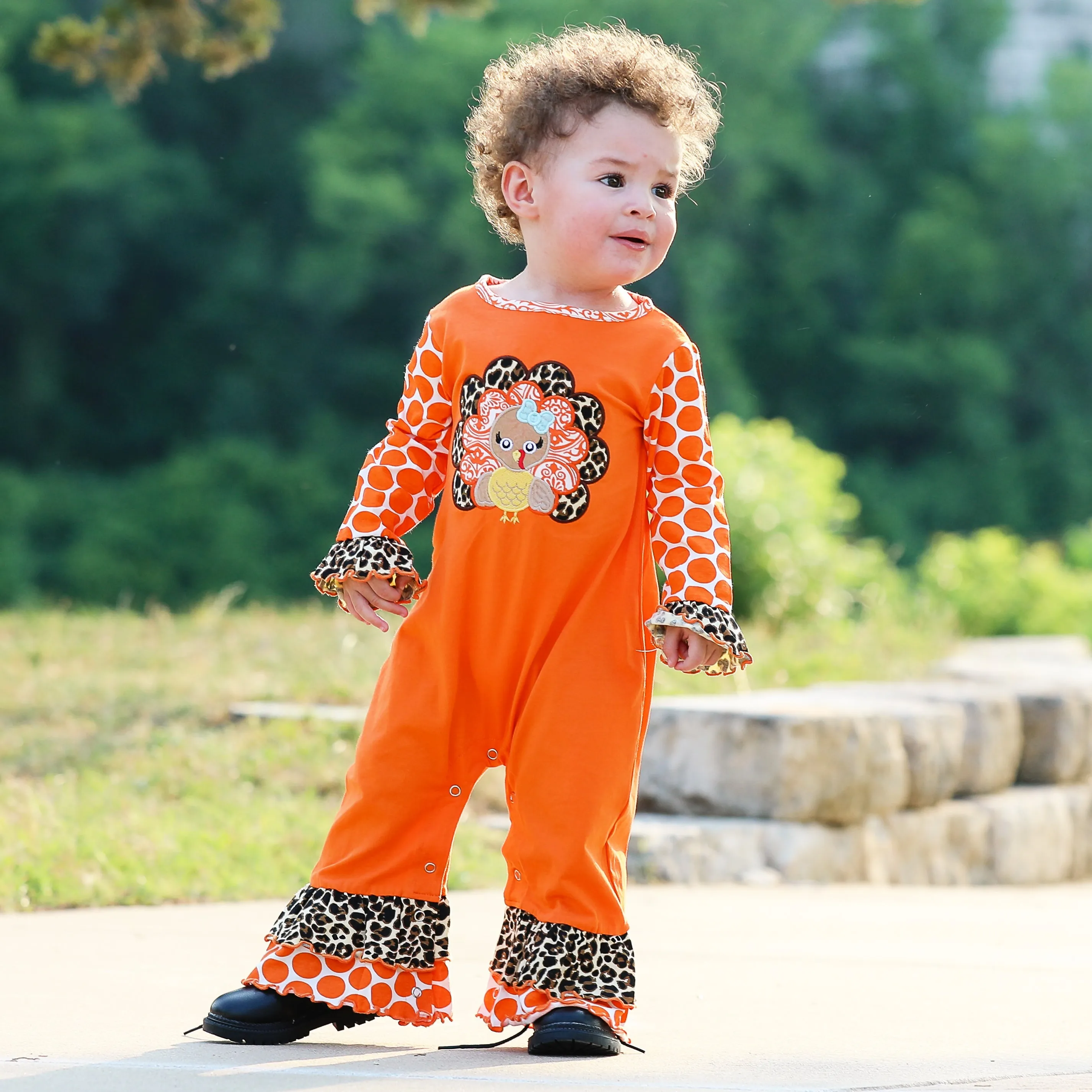 AnnLoren Baby Girls Orange Turkey Thanksgiving Autumn Holiday Cotton Romper