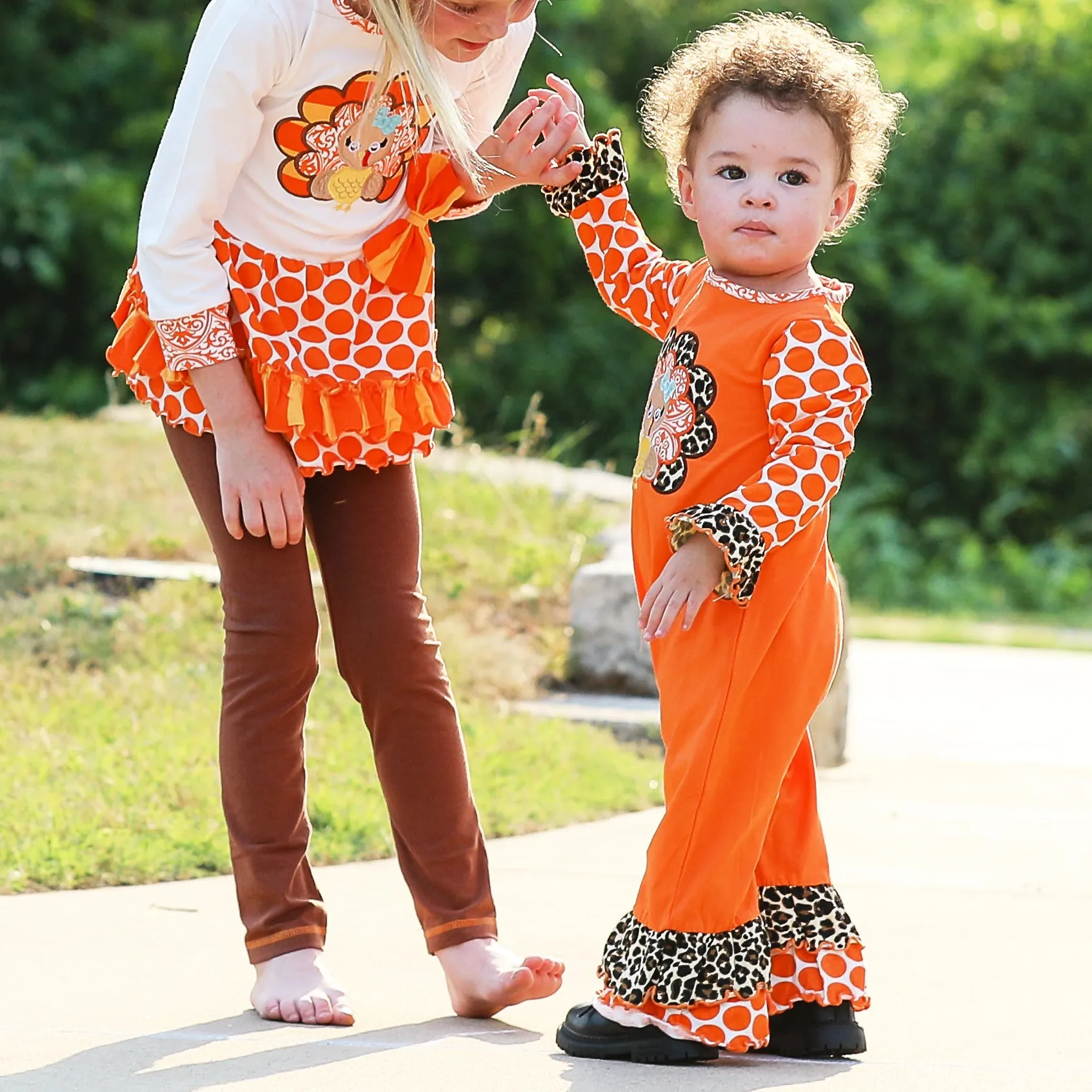 AnnLoren Baby Girls Orange Turkey Thanksgiving Autumn Holiday Cotton Romper