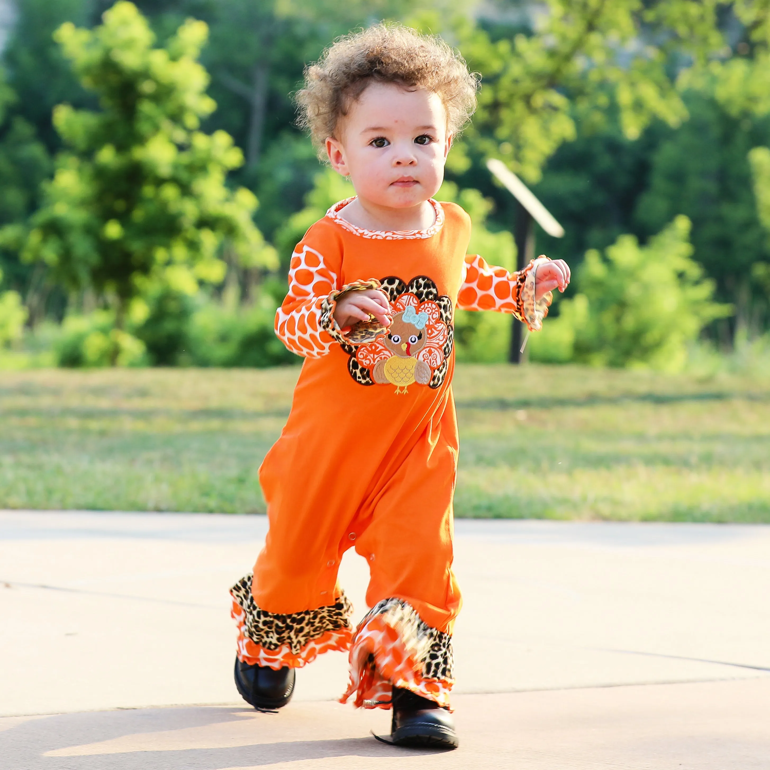 AnnLoren Baby Girls Orange Turkey Thanksgiving Autumn Holiday Cotton Romper