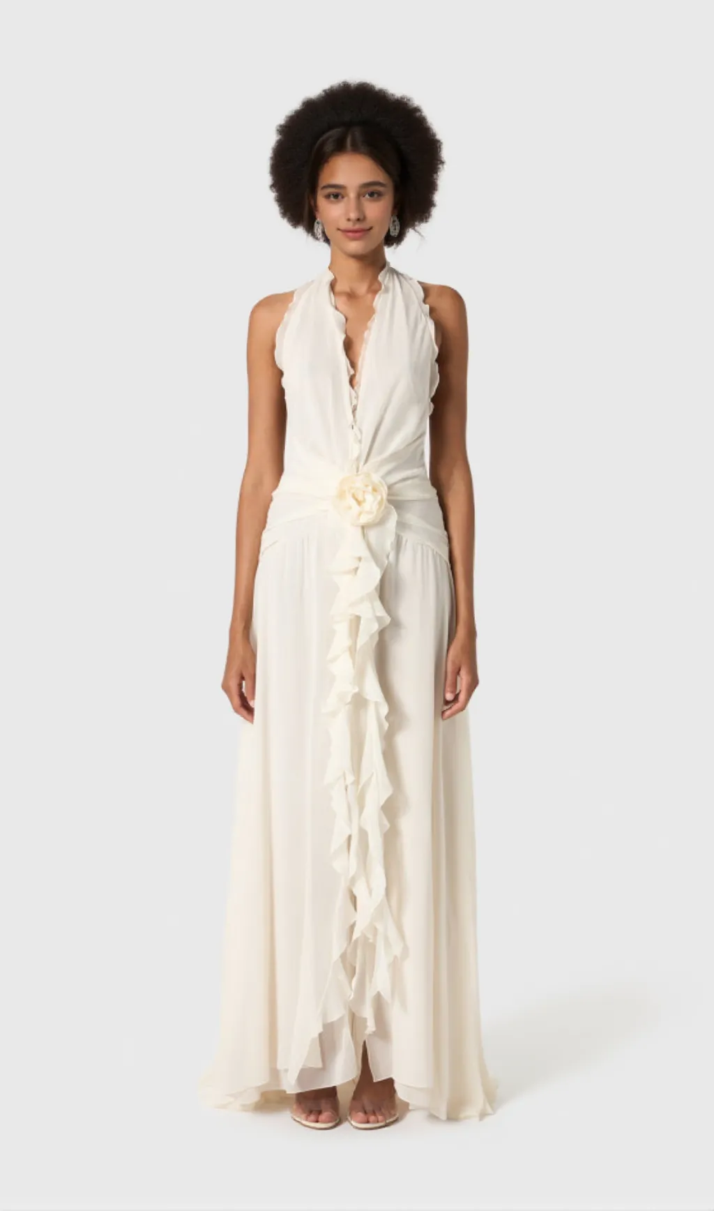 Aonaver Floral Ruffle Halter Maxi Dress in White