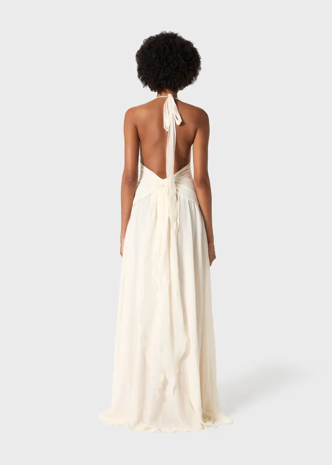 Aonaver Floral Ruffle Halter Maxi Dress in White