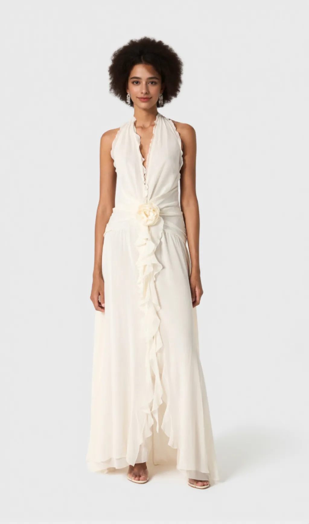 Aonaver Floral Ruffle Halter Maxi Dress in White