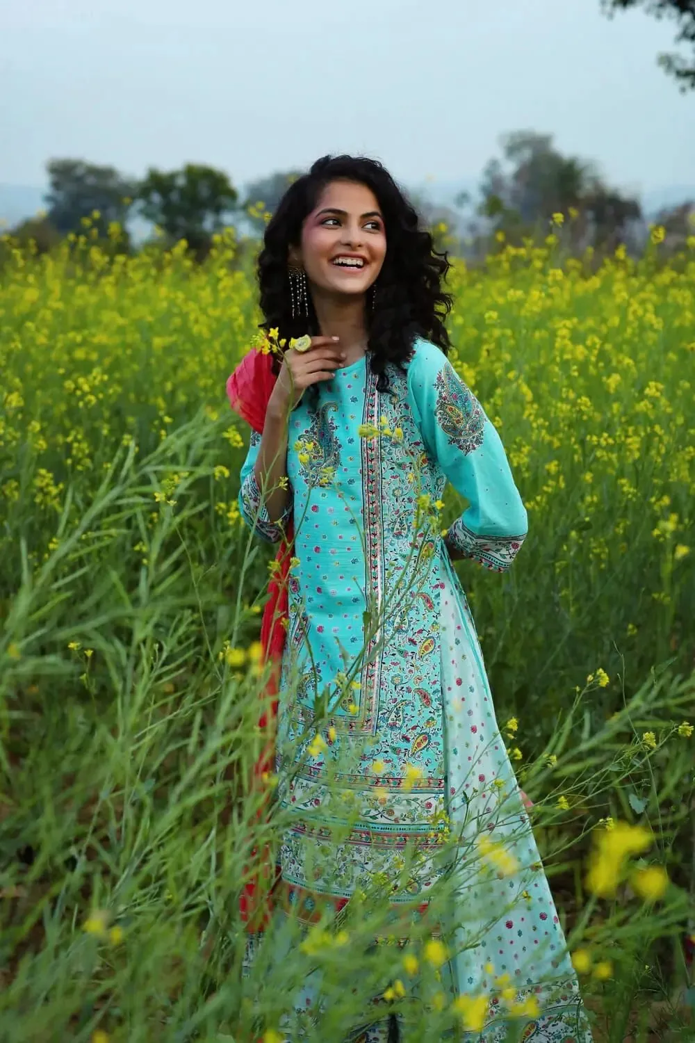 Aqua Cambric Printed Straight Kurta Palazzo Dupatta Set